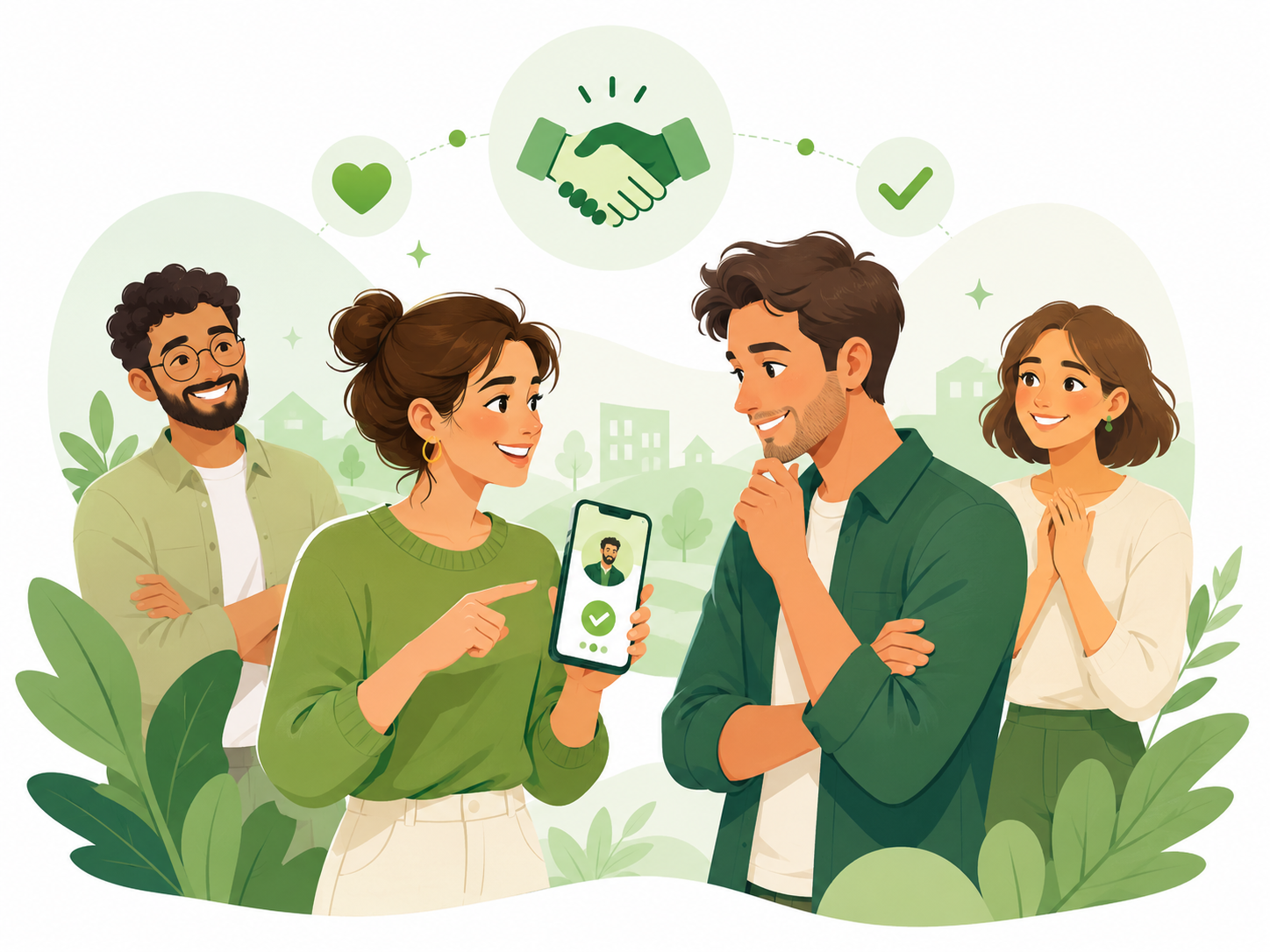 Une adhérente recommande un professionnel local à un proche via son téléphone pour soutenir son association