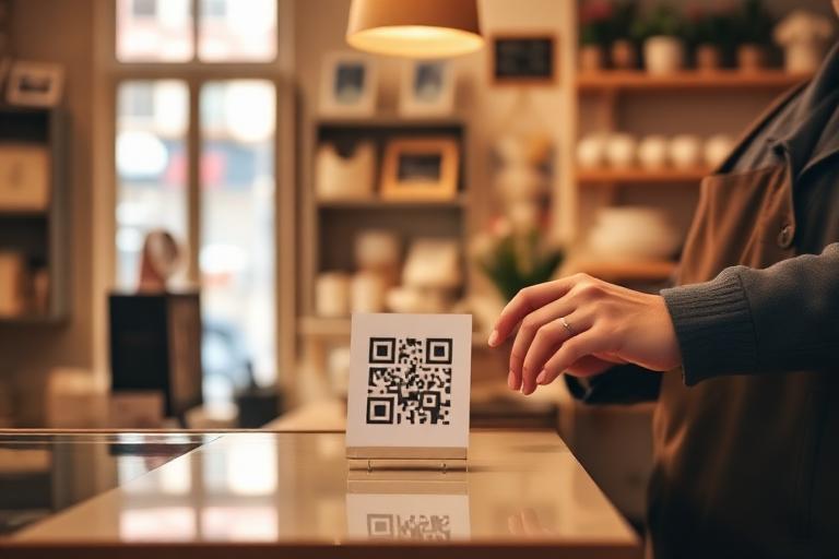 Commerçant installant un QR code sur son comptoir
